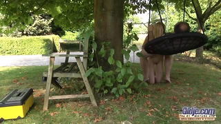 Mature blonde rides bald man outdoors xxx video