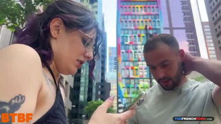 Purple-haired woman shows phone outdoors porn movie