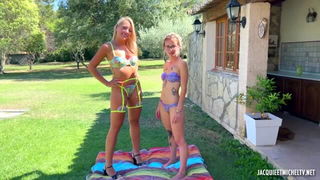 Blonde bikini duo posing outdoors sex video