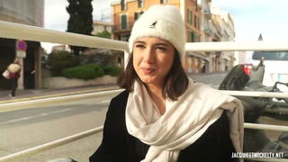 Lena smiling outdoors in white beanie xxx scene