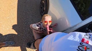 Blonde teen sucks older man outdoors porn video