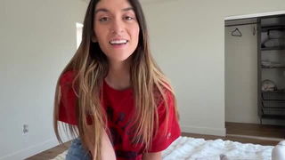 Aubry Babcock on bed smiling xxx scene